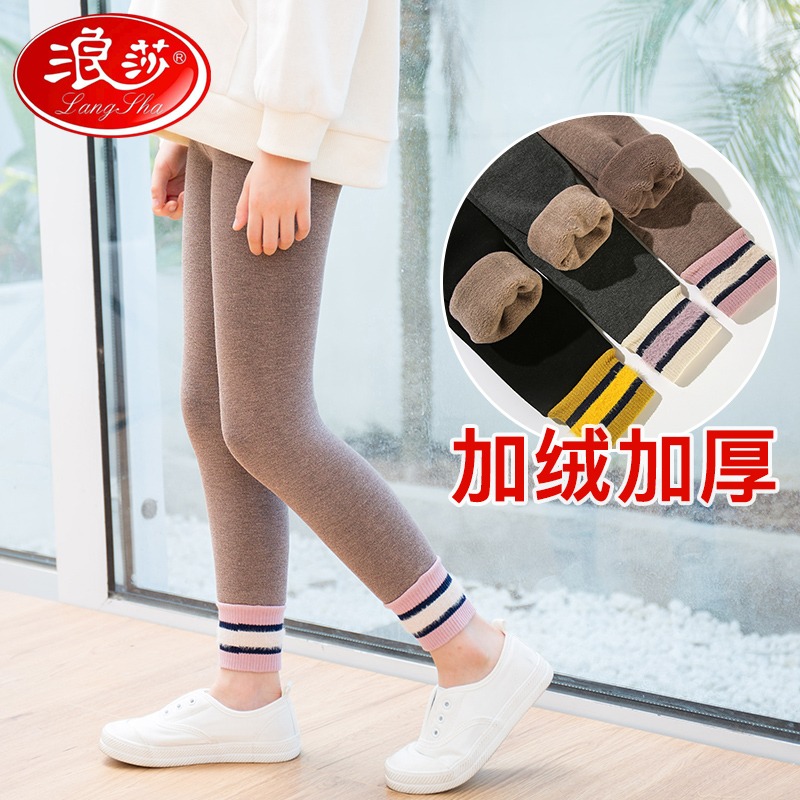 浪莎女童打底褲秋冬加絨加厚純棉保暖寶寶中大童一體絨兒童九分褲-細節圖2