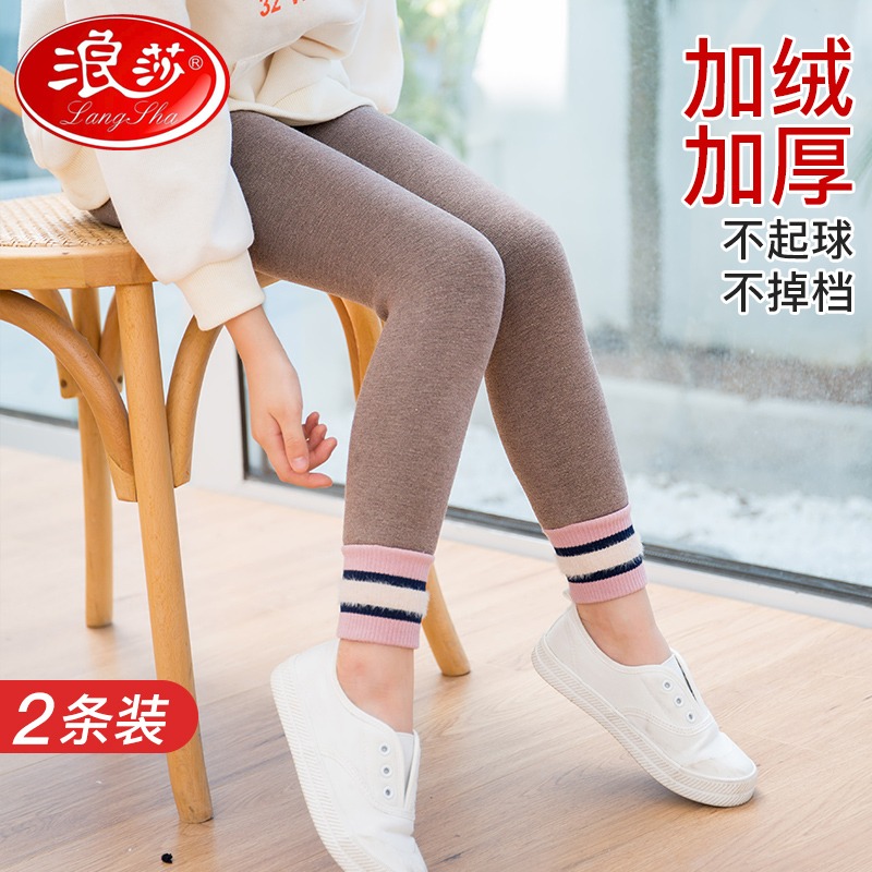 浪莎女童打底褲秋冬加絨加厚純棉保暖寶寶中大童一體絨兒童九分褲-細節圖3