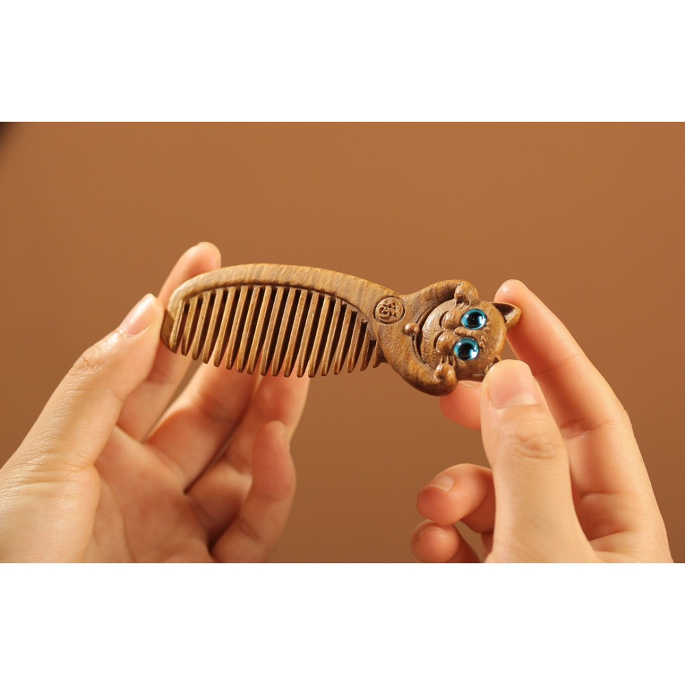 金絲楠木萌小貓梳子實木卡通動物木梳子原木可愛貓咪家用梳子擺件-細節圖9