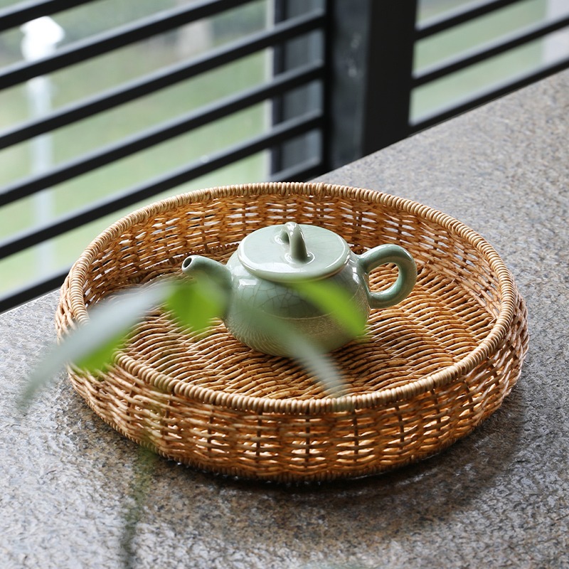 仿藤編託盤家用餐桌收納盤圓形茶具瀝水盤客廳蛋糕零食水果盤-細節圖3