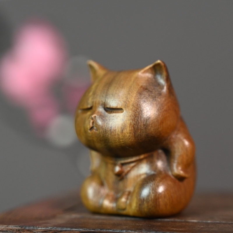 綠檀木質可愛小貓咪 瞇著眼個性桌面擺件 隨身攜帶可愛貓工藝品-細節圖5