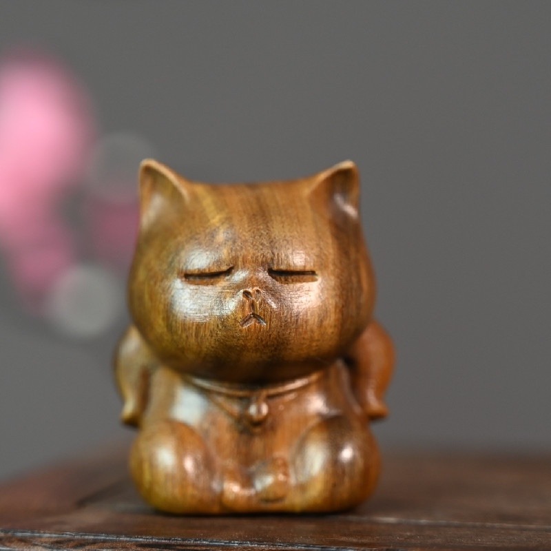 綠檀木質可愛小貓咪 瞇著眼個性桌面擺件 隨身攜帶可愛貓工藝品-細節圖8