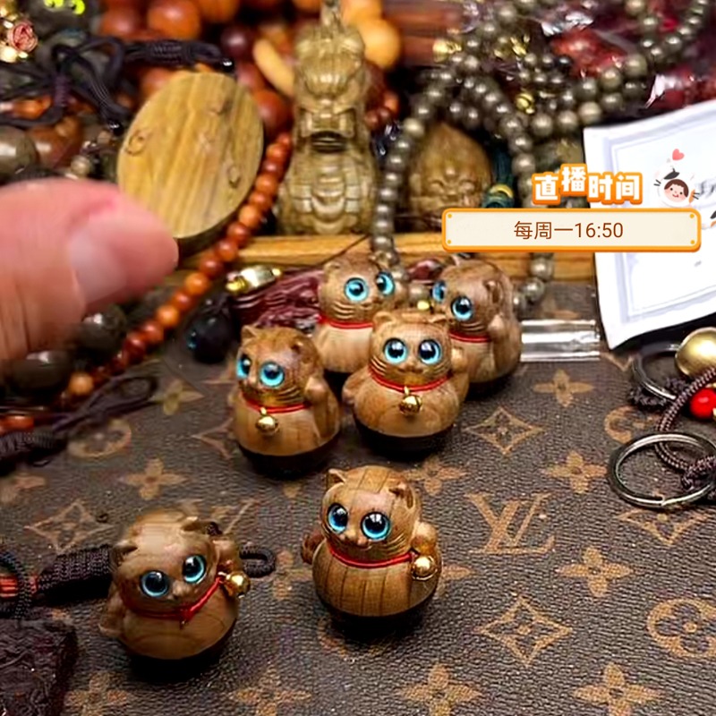金絲楠不倒翁不倒貓手把玩小擺件紫光檀木創意小福貓鑰匙扣包掛件-細節圖2