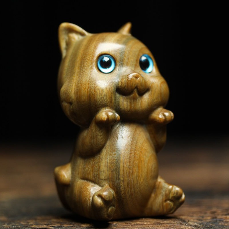 綠檀木雕貓可愛小貓木質貓咪擺件文玩手把件雕刻動物創意生日禮物-細節圖2
