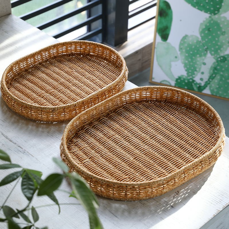 果盤仿藤編 北歐風家用託盤零食麪包筐客廳茶幾雜物收納籃-細節圖4