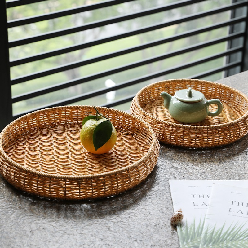 果盤仿藤編 北歐風家用託盤零食麪包筐客廳茶幾雜物收納籃-細節圖5