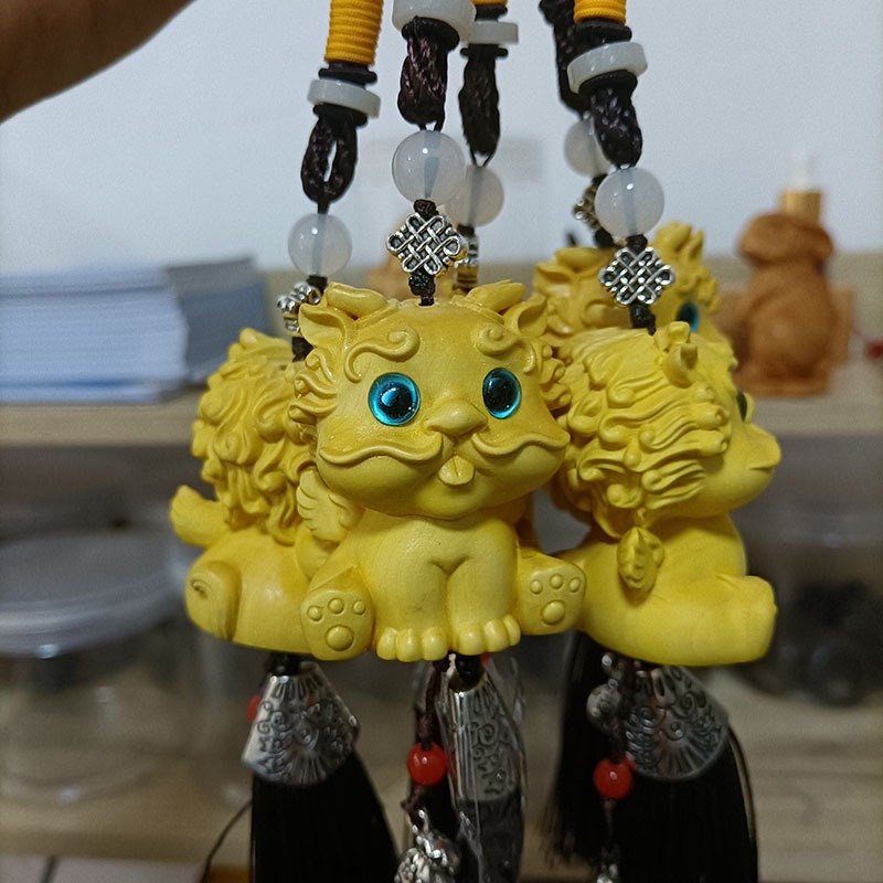大葉黃楊木貔貅木雕吊墜貔貅汽車掛件吊墜文玩手把件鑰匙扣工藝品-細節圖3