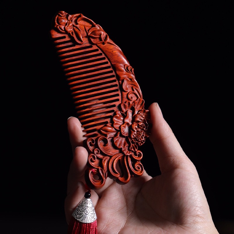 紫檀木梳子古風雕花紅木梳生日節日禮品牡丹花開木梳送女朋友禮物-細節圖3