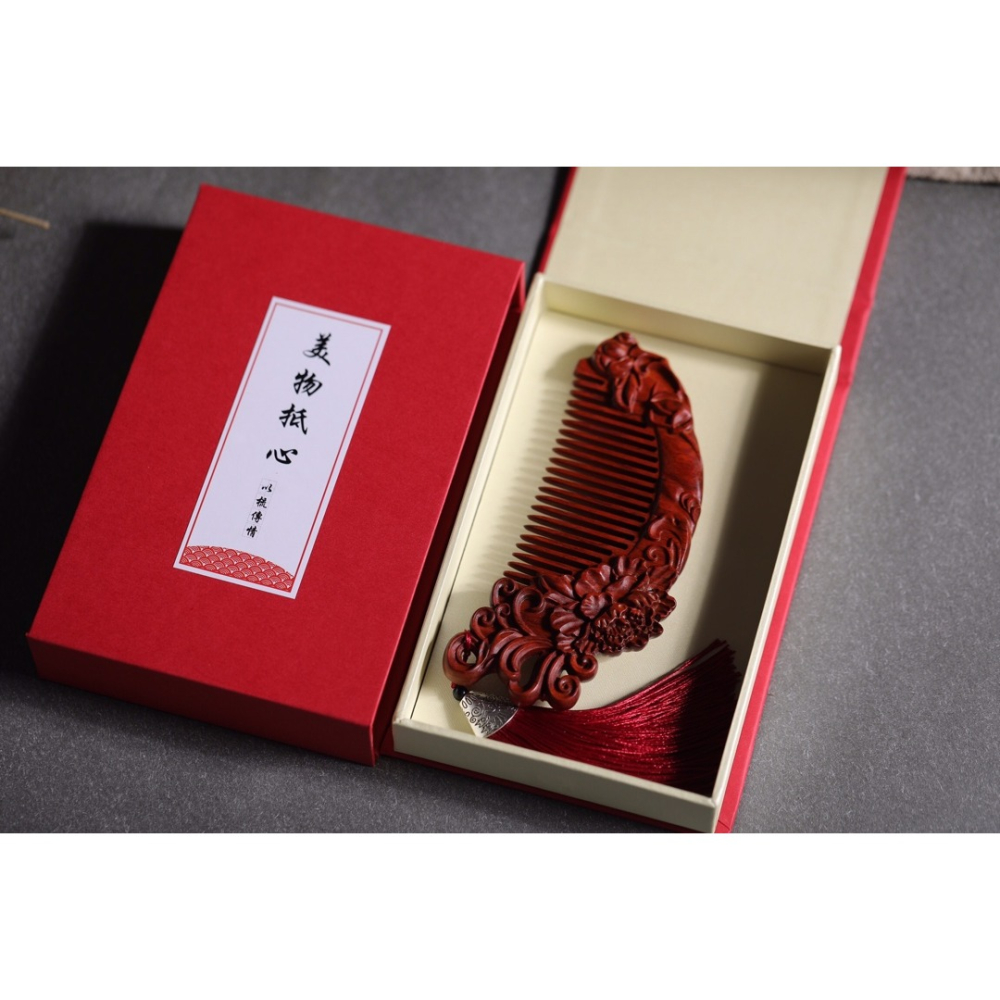 紫檀木梳子古風雕花紅木梳生日節日禮品牡丹花開木梳送女朋友禮物-細節圖6