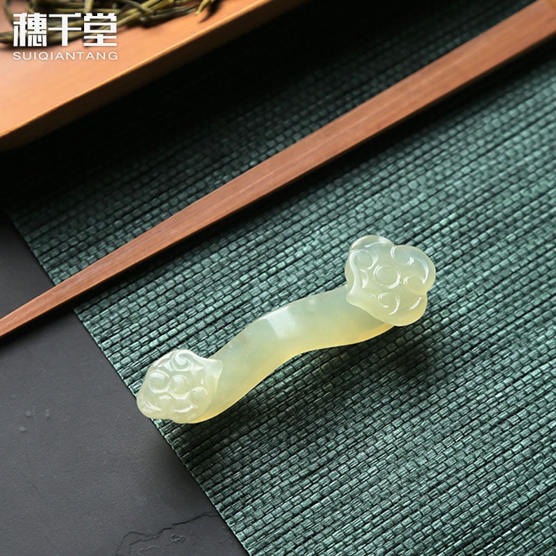 天然岫玉石吉祥如意迷你茶寵擺件筆架茶針茶蓋託擱置雅玩茶具配件-細節圖3