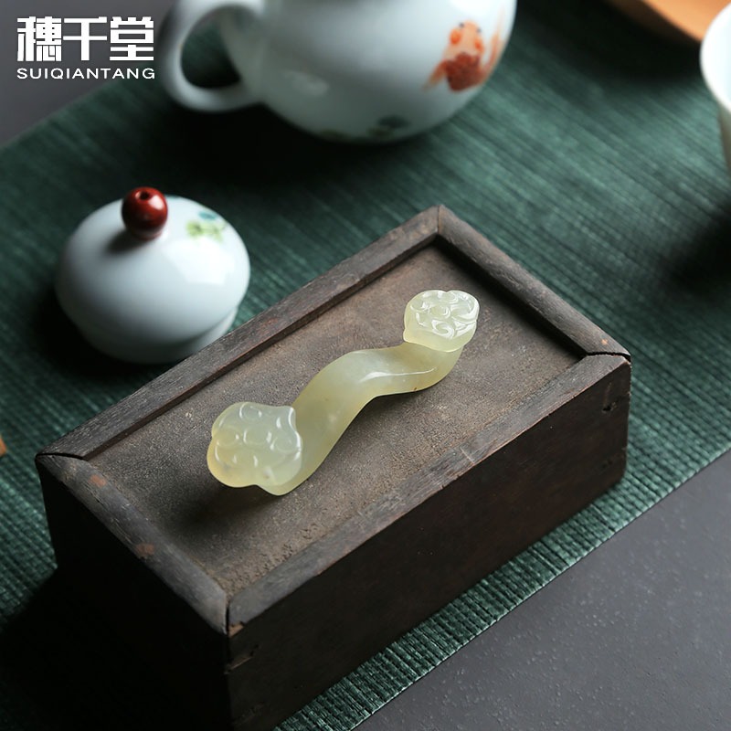 天然岫玉石吉祥如意迷你茶寵擺件筆架茶針茶蓋託擱置雅玩茶具配件-細節圖5