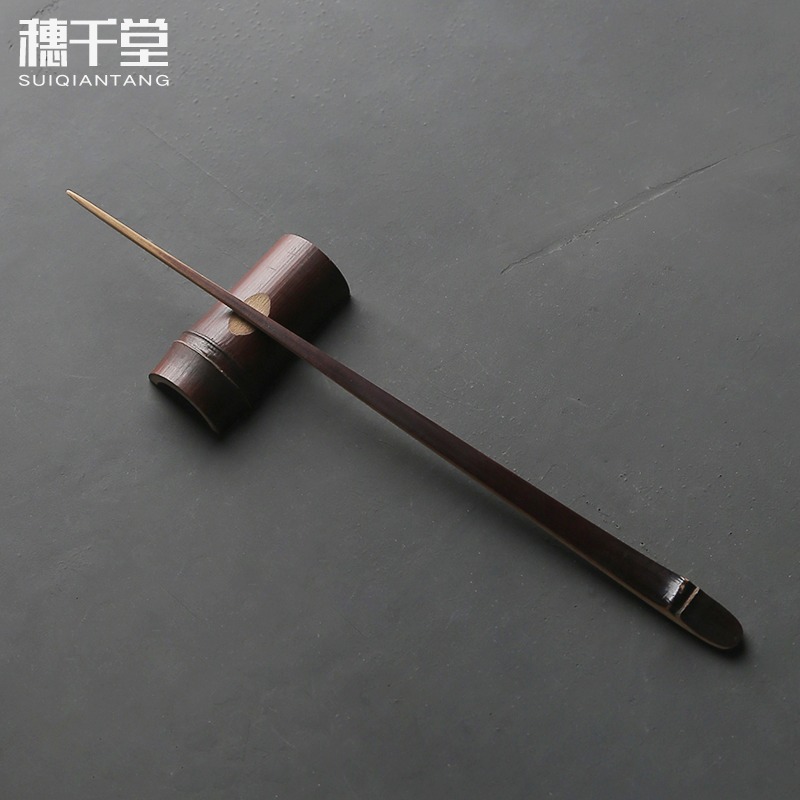 穗千堂日式手工茶針 茶則 老煤竹茶簽 通壺口用具 老料新作茶擱-細節圖3