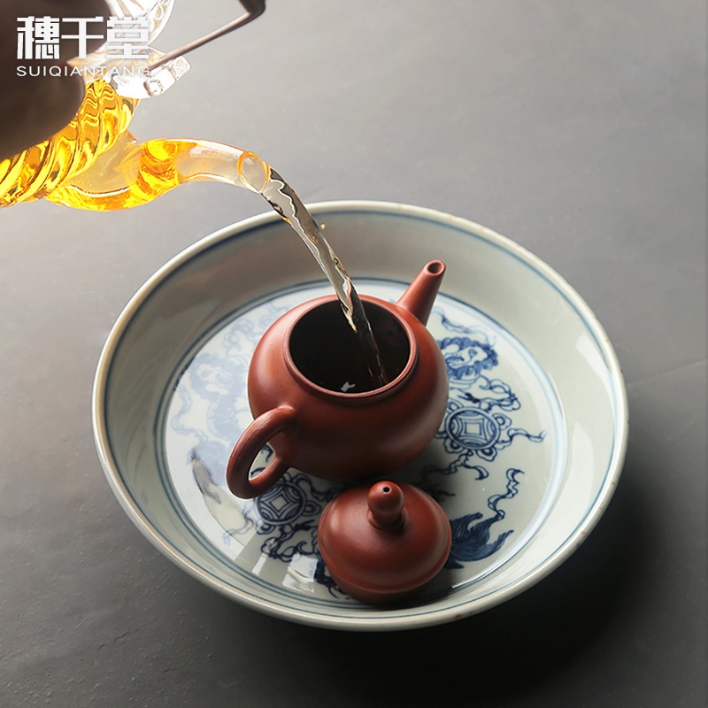 穗千堂仿古手繪青花紫砂壺茶承杯墊蓋碗茶托瓜果盤獅子繡球馬蹄盤-細節圖4