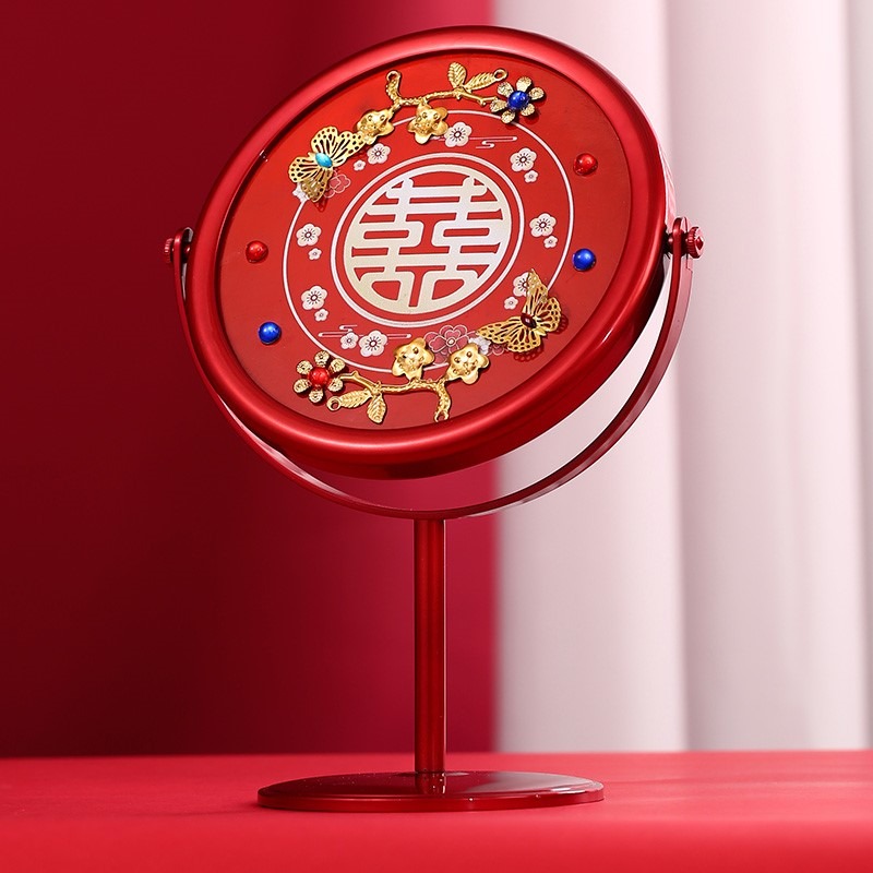 結婚慶用品大全新娘中式鏡喜慶一對女方陪嫁嫁妝紅色梳子鏡子套裝-細節圖3