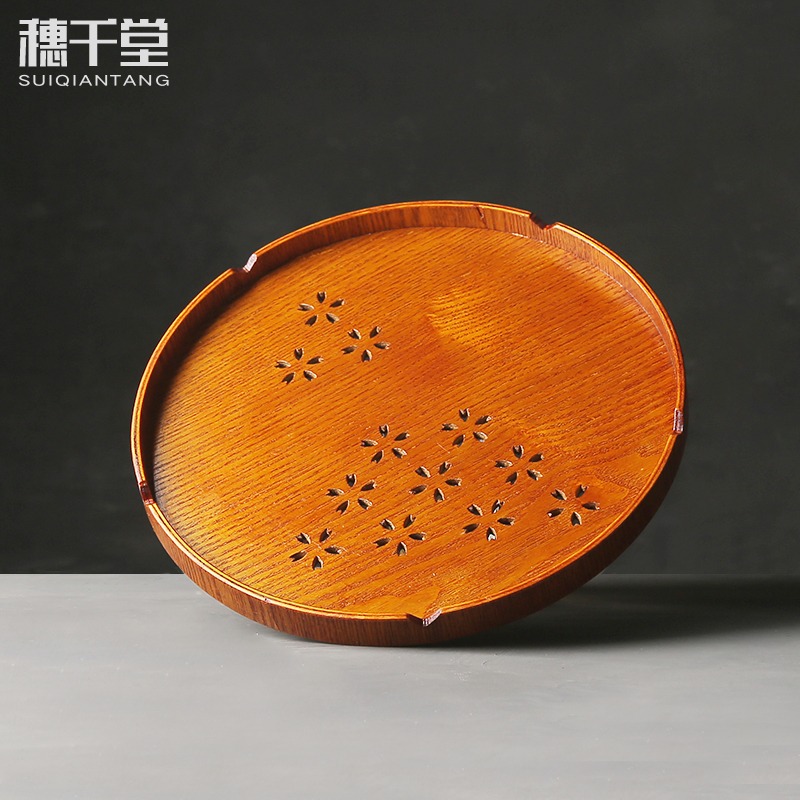 穗千堂櫻花木質託盤圓形鏤空雕刻杯託盤 茶盤 日式創意水果茶點盤-細節圖3