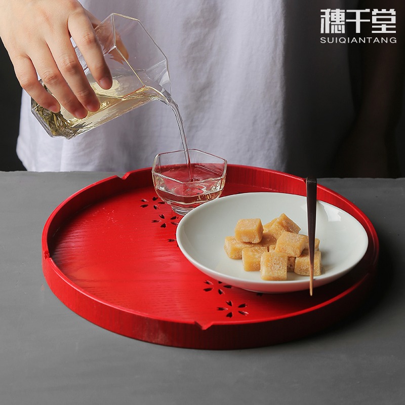 穗千堂櫻花木質託盤圓形鏤空雕刻杯託盤 茶盤 日式創意水果茶點盤-細節圖4