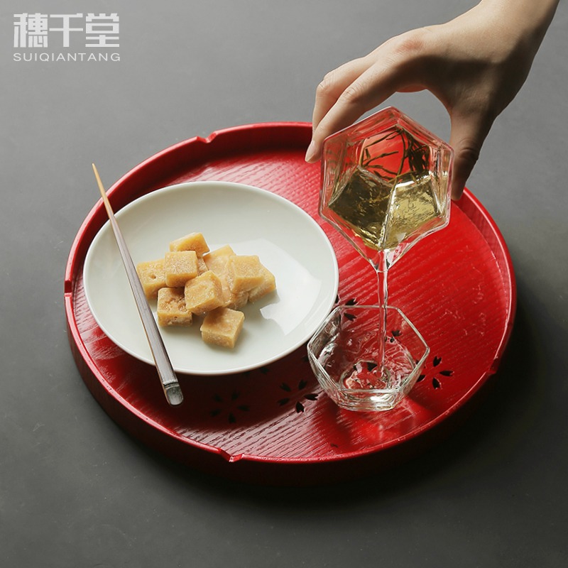 穗千堂櫻花木質託盤圓形鏤空雕刻杯託盤 茶盤 日式創意水果茶點盤-細節圖5