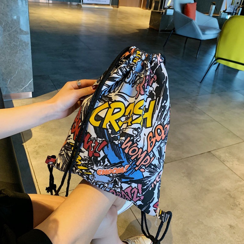 新款抽繩雙肩包簡易束口袋男女帆布包原宿旅行袋大容量包包-細節圖2