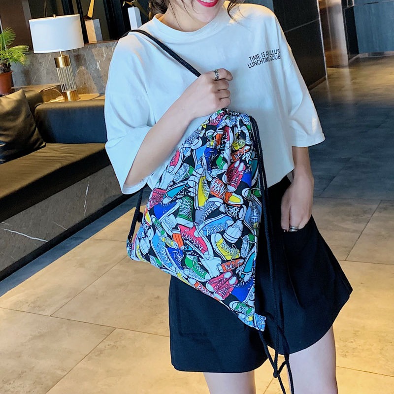 新款抽繩雙肩包簡易束口袋男女帆布包原宿旅行袋大容量包包-細節圖3