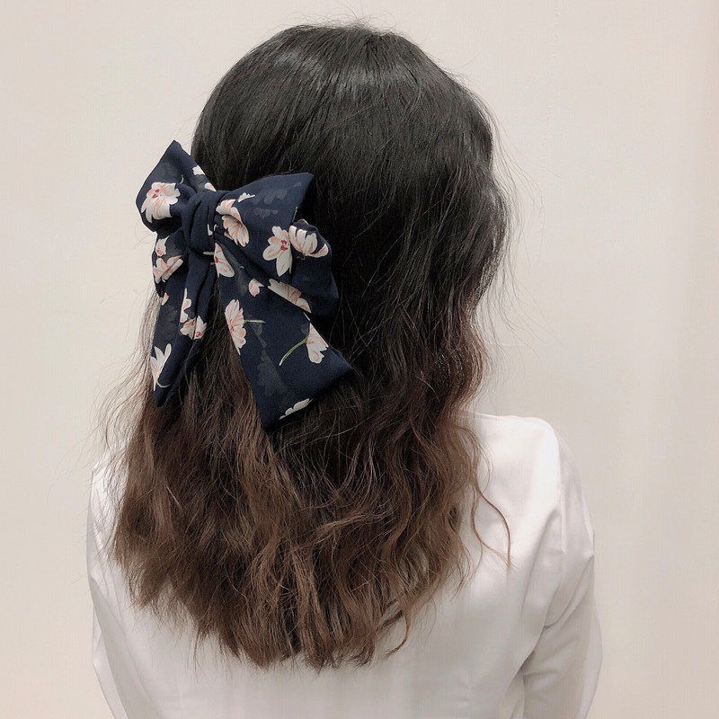 日系超仙雪紡大蝴蝶結發夾子後腦勺發卡小清新甜美碎花彈簧夾頭飾-細節圖3
