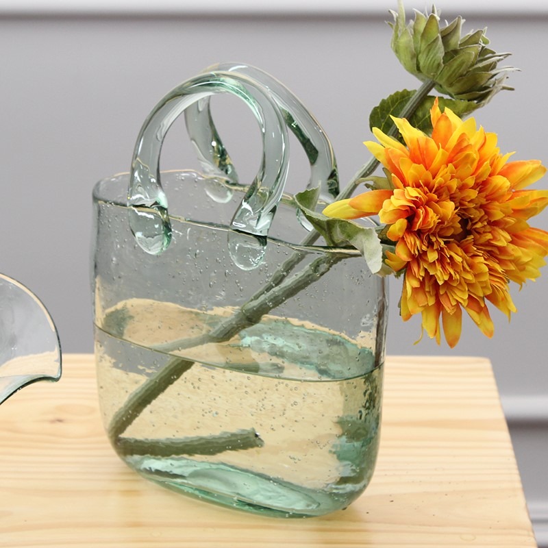 北歐創意手提籃插花瓶玻璃透明簡約客廳包包花瓶餐桌擺件魚缸花器-細節圖2
