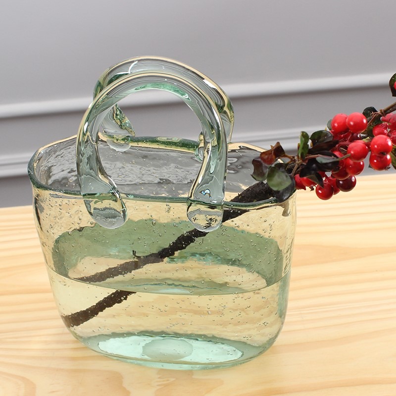 北歐創意手提籃插花瓶玻璃透明簡約客廳包包花瓶餐桌擺件魚缸花器-細節圖10