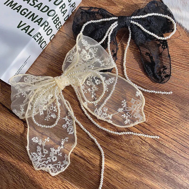 網紅夏季綁發珍珠蕾絲蝴蝶結發帶女韓版外戴百搭漢服女純色jk頭花-細節圖2
