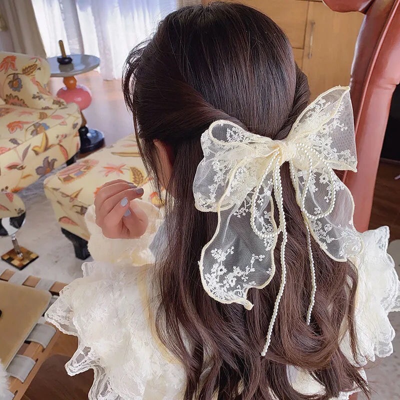 網紅夏季綁發珍珠蕾絲蝴蝶結發帶女韓版外戴百搭漢服女純色jk頭花-細節圖4