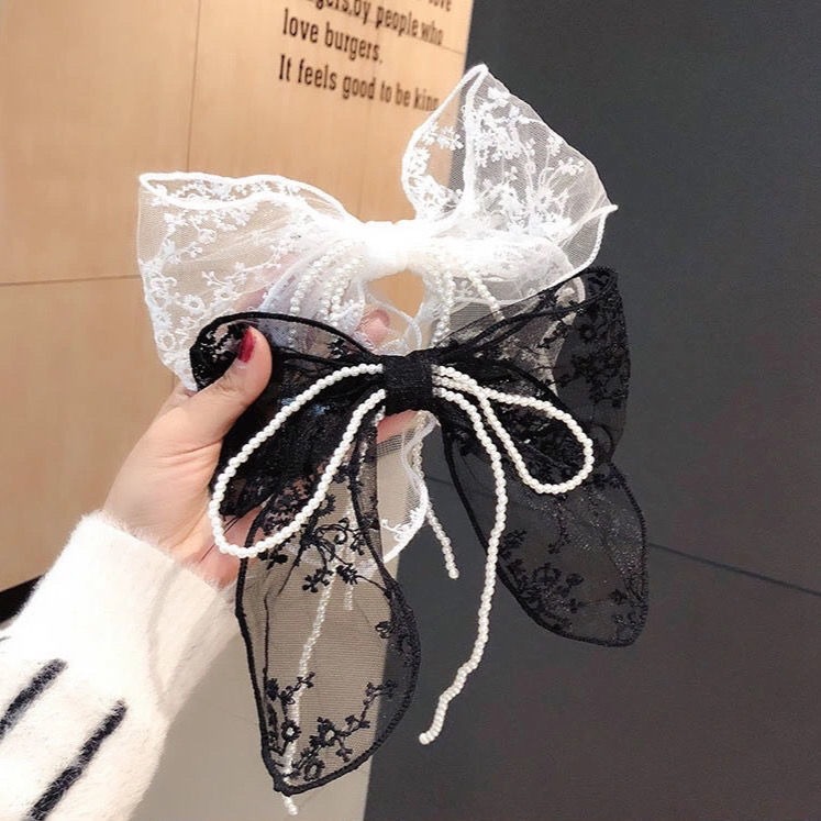 網紅夏季綁發珍珠蕾絲蝴蝶結發帶女韓版外戴百搭漢服女純色jk頭花-細節圖5