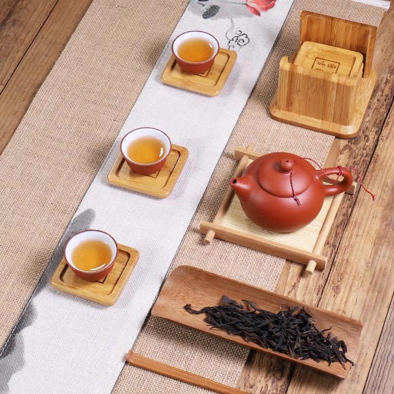 杯墊竹製圓形杯託套組套裝茶杯隔熱墊功夫方形杯墊茶道配件茶杯墊-細節圖3
