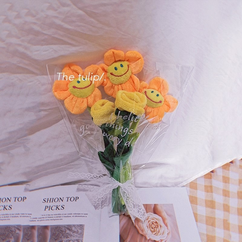 笑臉毛絨太陽花仿真花束玫瑰假花房間裝飾擺件少女心禮物拍照道具-細節圖2