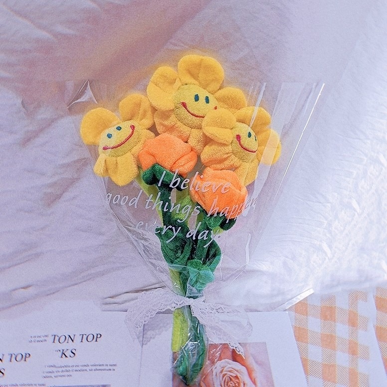 笑臉毛絨太陽花仿真花束玫瑰假花房間裝飾擺件少女心禮物拍照道具-細節圖10