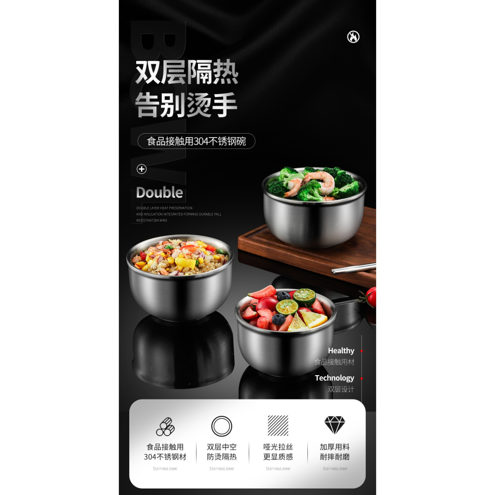 304不銹鋼碗雙層隔熱碗家用加厚防燙飯碗兒童碗加深大號湯碗中號-細節圖6