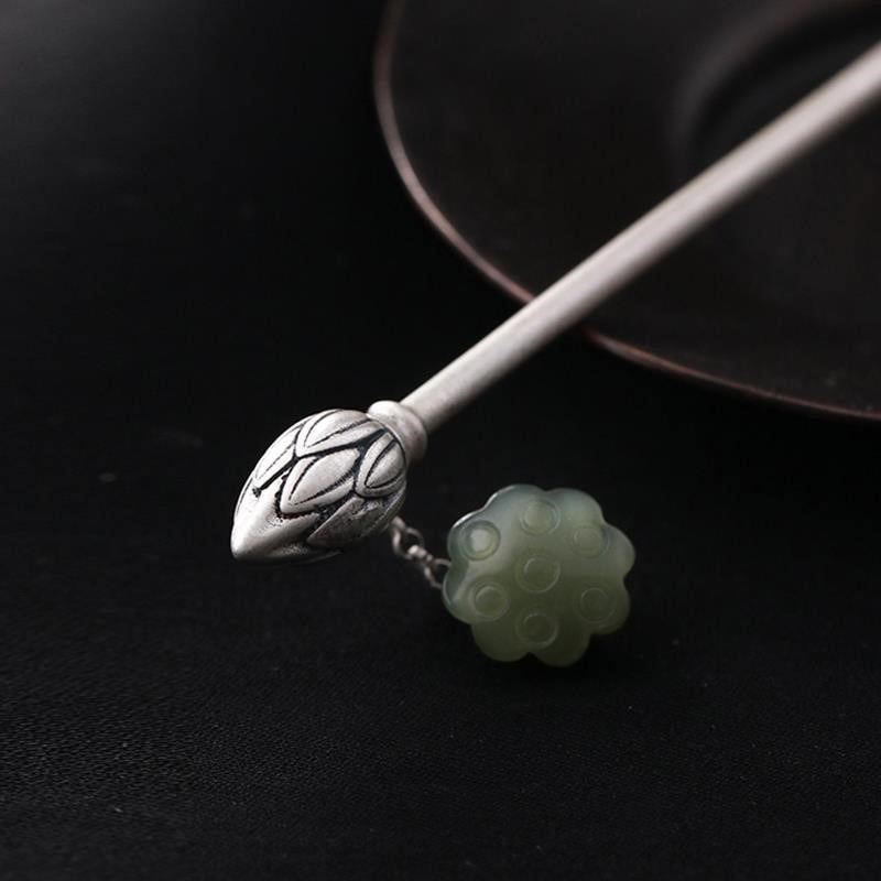 【蓮步搖】中式復古發釵s925銀女古裝發簪蓮蓬白玉蓮花流蘇民族風-細節圖2