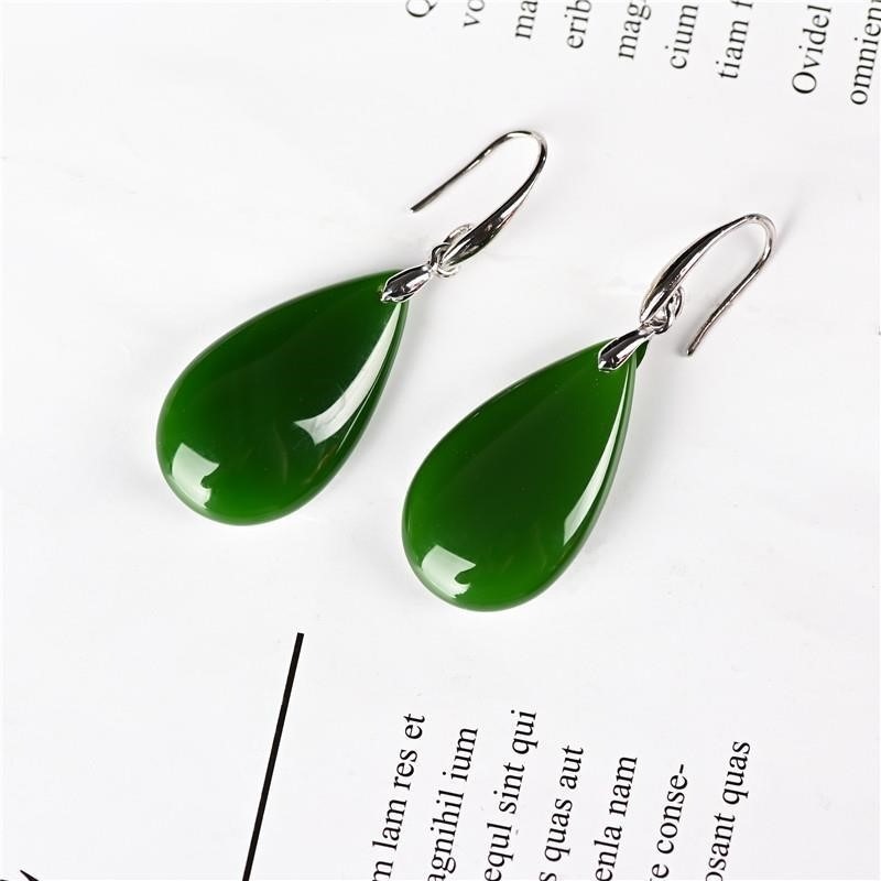 925銀水滴耳環和田碧玉石老坑翡翠民族風網紅耳飾品韓款女士耳墜-細節圖3