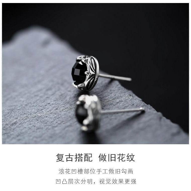 純銀鑲黑玉髓水晶耳釘男女高級感小眾個性潮氣質復古玉石耳飾耳環-細節圖3