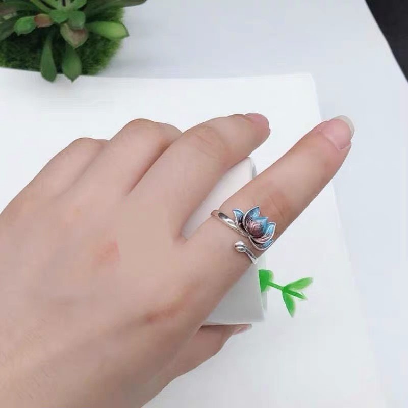 好運蓮蓮 925銀飾ins復古風景泰藍蓮花朵開口戒指時尚文藝女款禮-細節圖4