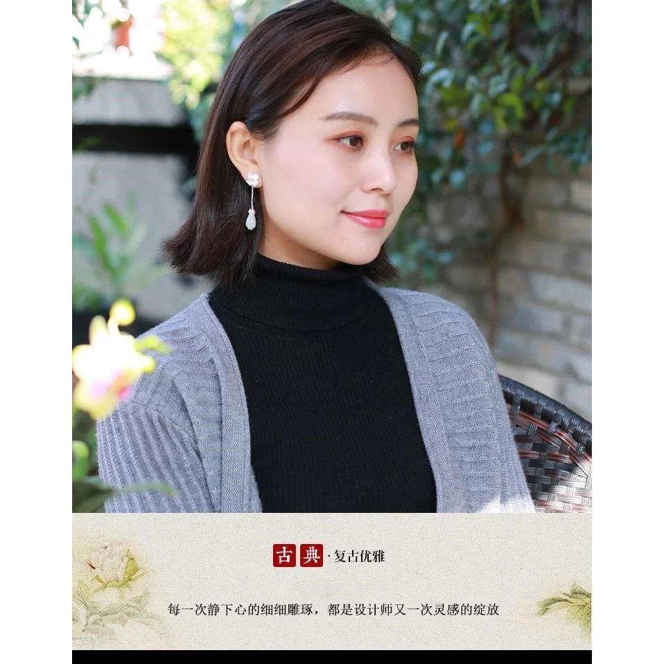 925銀和田玉玉蘭花耳線花朵耳墜玉石女款耳飾優雅風國風耳環耳釘-細節圖3