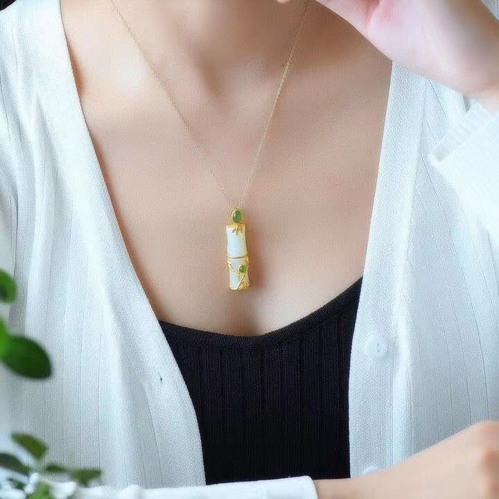 雅竹925銀鑲白玉髓吊墜女防過敏不掉色鎖骨項鏈翡翠掛件送禮飾品-細節圖9