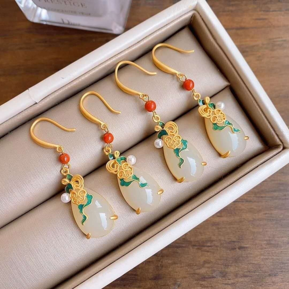 復古旗袍古風耳環女祥雲珍珠民族風白玉耳墜項鏈套裝閨蜜禮物-細節圖5