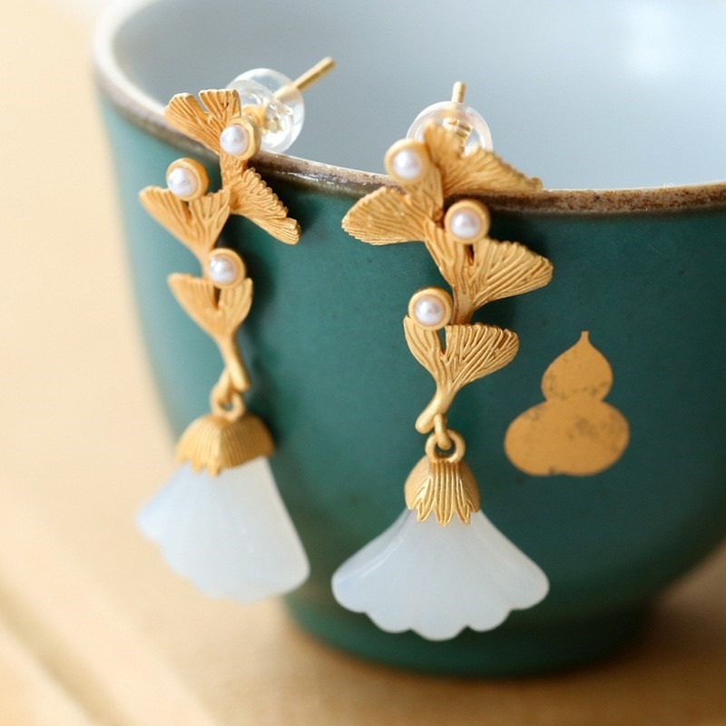 古法金工藝鍍金鎏金鑲白玉銀杏葉耳環輕奢復古個性耳釘飾品-細節圖3