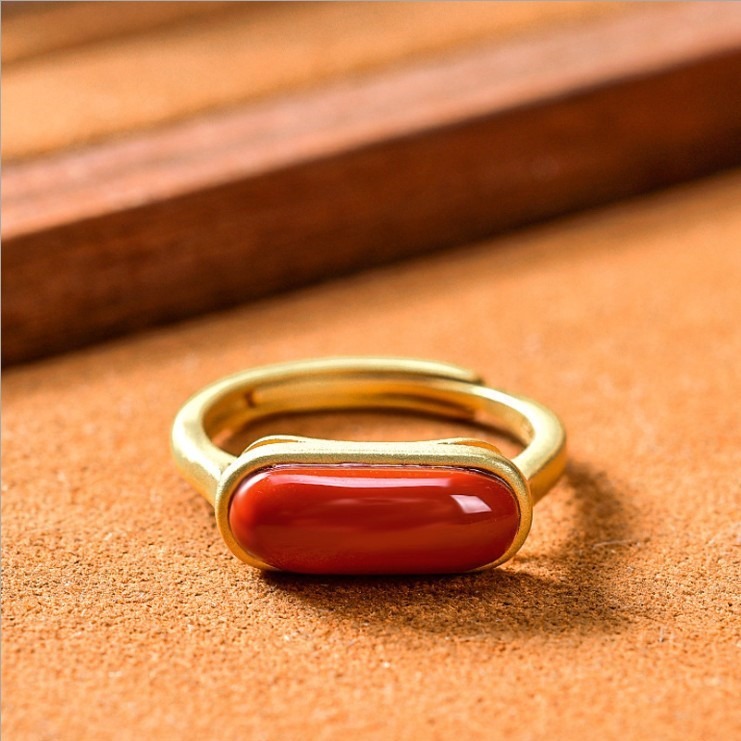 仿南紅瑪瑙戒指古法金鑲嵌玉石可調節指環簡約時尚雅典經典飾品-細節圖3