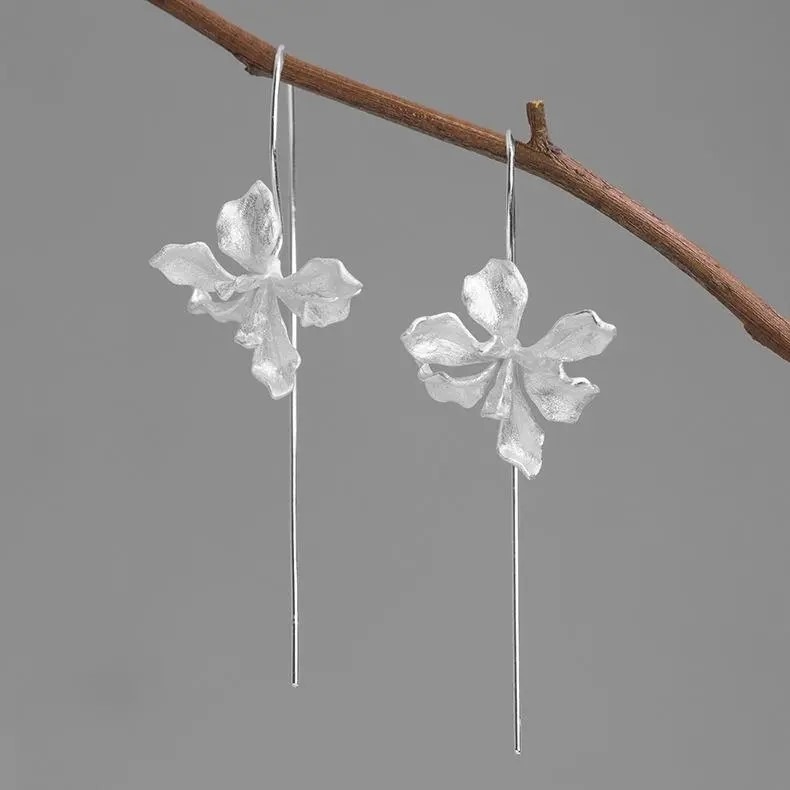 鳶尾迷情鳶尾花S925銀鍍金耳環法式優雅高端日韓花卉長流蘇耳飾品-細節圖6
