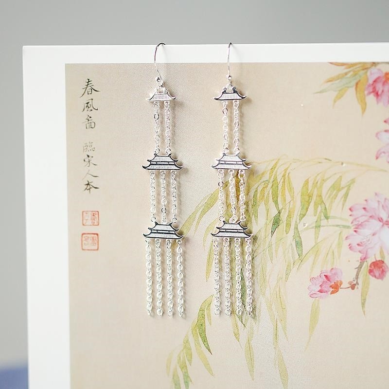 《天上宮闕》銀鎏金流蘇耳飾古典精緻氣質漢服配飾竹原創工藝設計-細節圖7
