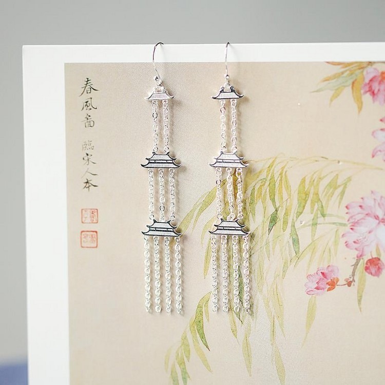 《天上宮闕》銀鎏金流蘇耳飾古典精緻氣質漢服配飾竹原創工藝設計-細節圖9