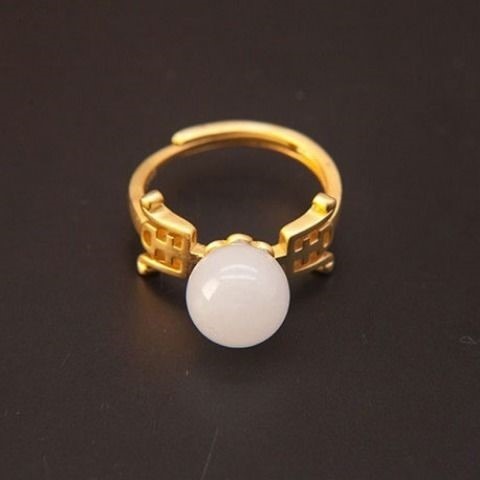 天然白玉石戒指女士經典古法金金色可開口中式復古國風指環飾品-細節圖3