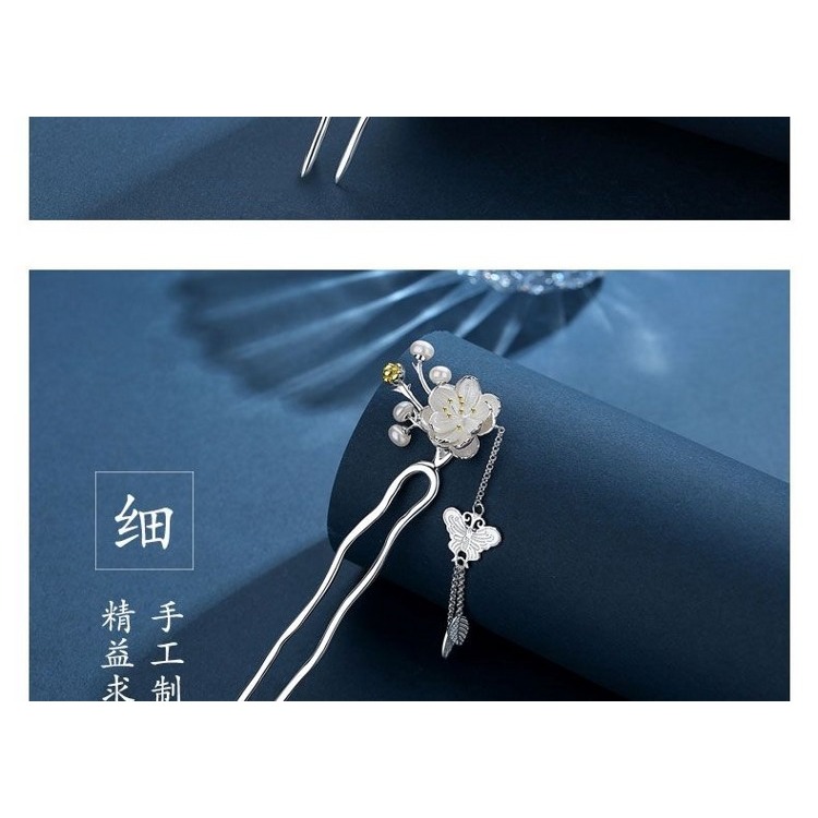 鍍s925銀發簪復古風盤發漢服流蘇步搖發飾花朵蝴蝶珍珠U型發釵女-細節圖8