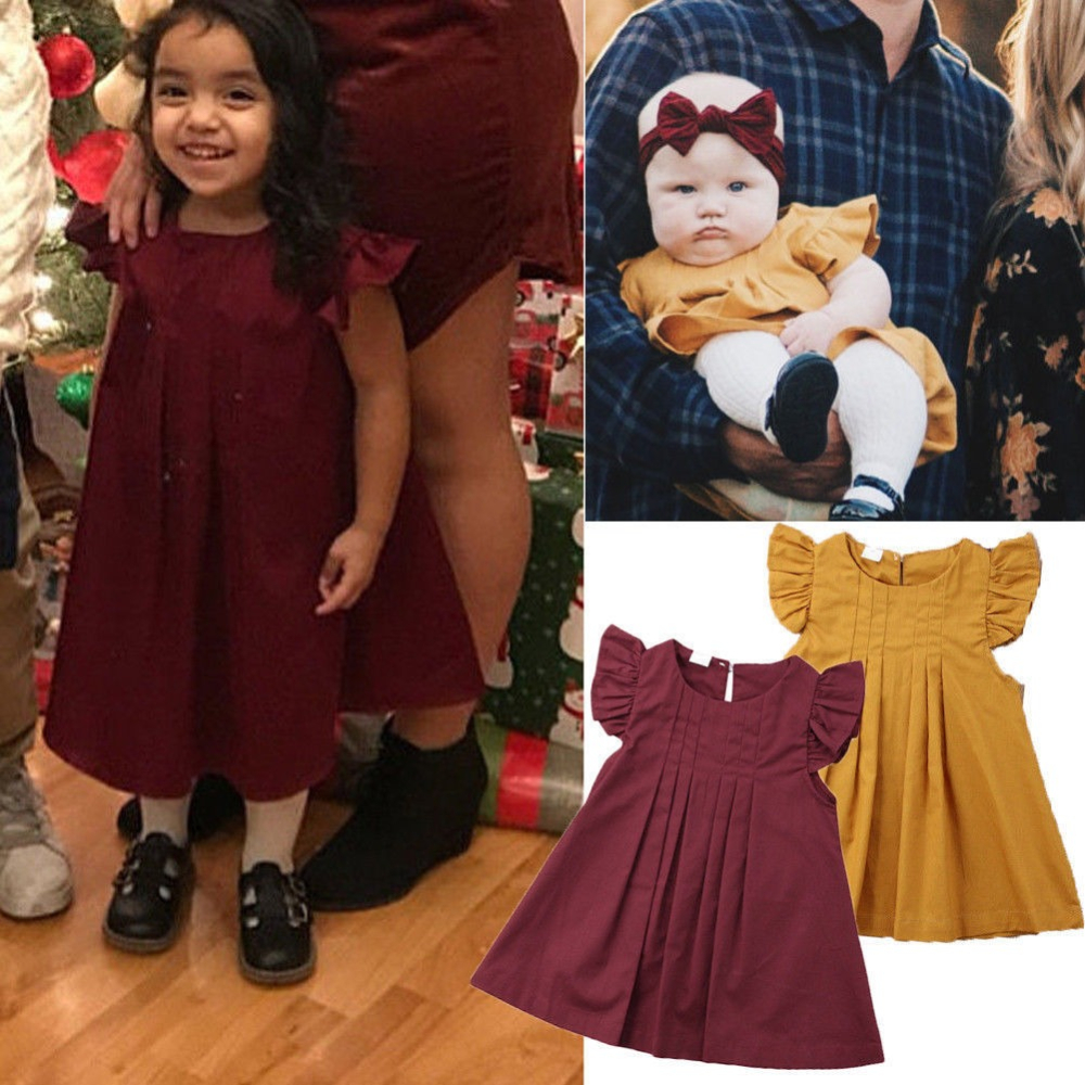 歐美新款3歲女嬰幼兒純色折紋A字裙寶寶時尚可愛圓領飛袖連衣裙-細節圖4
