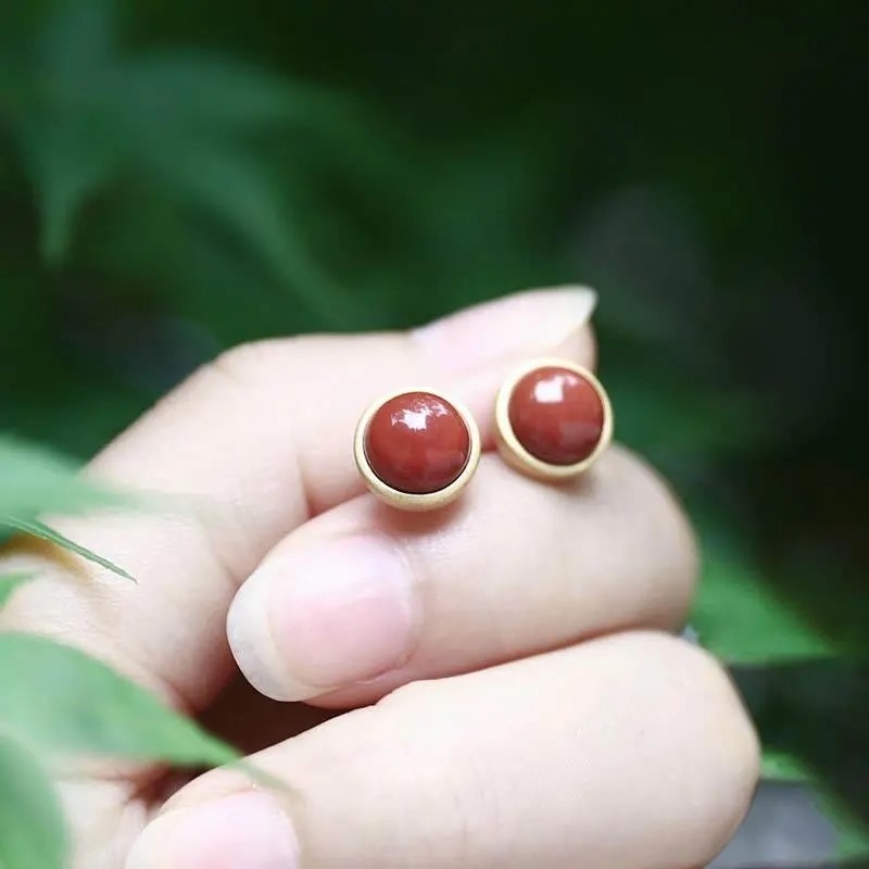 高冰透種仿南紅翡玉髓耳釘耳飾女簡約氣質鑲嵌鍍S925銀精緻氣質款-細節圖6