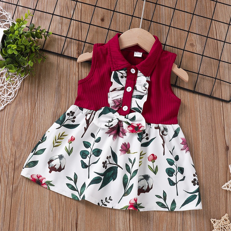 夏季新款歐美範女童無袖連衣裙小翻領拼接百褶裙花朵嬰幼童公主裙-細節圖3